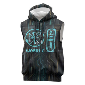 Wosret Winged Crown Sleeveless Zip Hoodie Egyptian Cyber Circuit Design in Futuristic Blue Theme