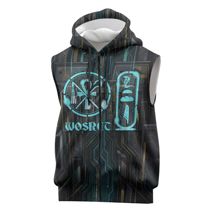 Wosret Winged Crown Sleeveless Zip Hoodie Egyptian Cyber Circuit Design in Futuristic Blue Theme