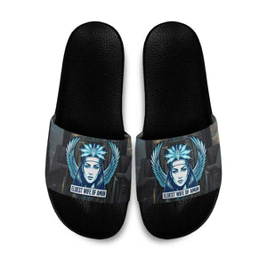 Wosret Winged Crown Slide Sandals Egyptian Cyber Circuit Design in Futuristic Blue Theme