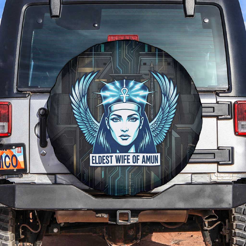 Wosret Winged Crown Spare Tire Cover Egyptian Cyber Circuit Design in Futuristic Blue Theme