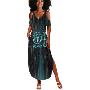 Wosret Winged Crown Summer Maxi Dress Egyptian Cyber Circuit Design in Futuristic Blue Theme