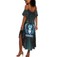 Wosret Winged Crown Summer Maxi Dress Egyptian Cyber Circuit Design in Futuristic Blue Theme