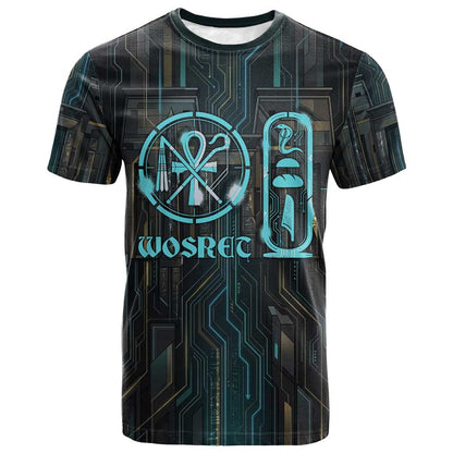 Wosret Winged Crown T shirt Egyptian Cyber Circuit Design in Futuristic Blue Theme