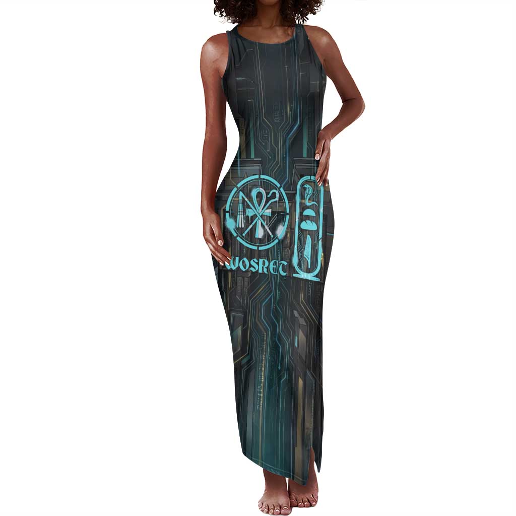 Wosret Winged Crown Tank Maxi Dress Egyptian Cyber Circuit Design in Futuristic Blue Theme
