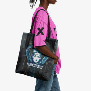 Wosret Winged Crown Tote Bag Egyptian Cyber Circuit Design in Futuristic Blue Theme