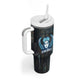 Wosret Winged Crown Tumbler With Handle Egyptian Cyber Circuit Design in Futuristic Blue Theme