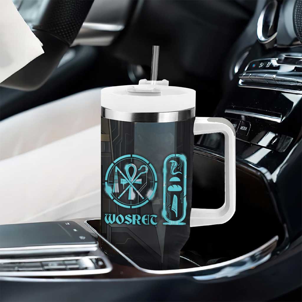 Wosret Winged Crown Tumbler With Handle Egyptian Cyber Circuit Design in Futuristic Blue Theme