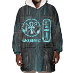 Wosret Winged Crown Wearable Blanket Hoodie Egyptian Cyber Circuit Design in Futuristic Blue Theme