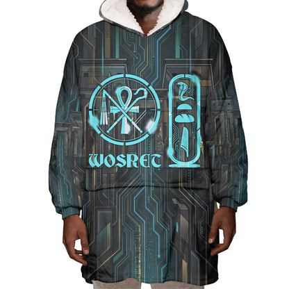 Wosret Winged Crown Wearable Blanket Hoodie Egyptian Cyber Circuit Design in Futuristic Blue Theme