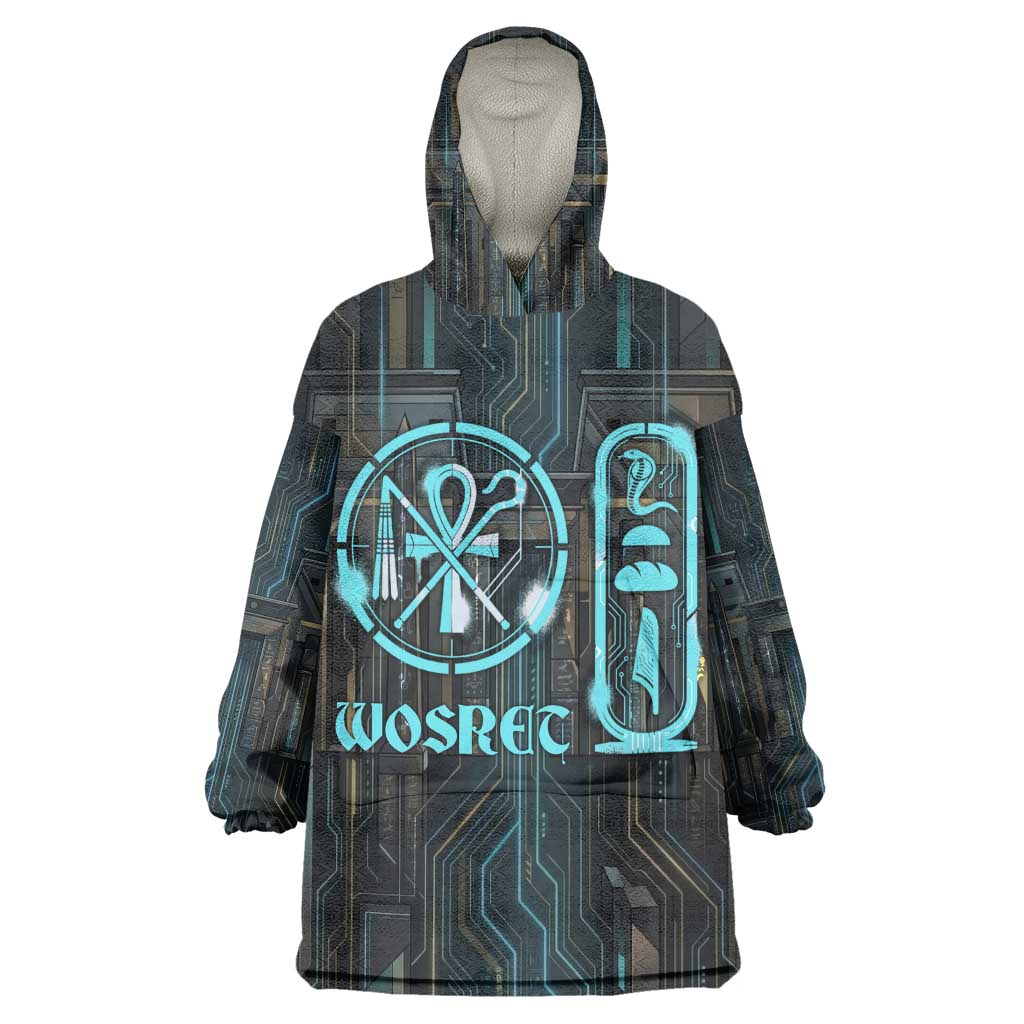 Wosret Winged Crown Wearable Blanket Hoodie Egyptian Cyber Circuit Design in Futuristic Blue Theme