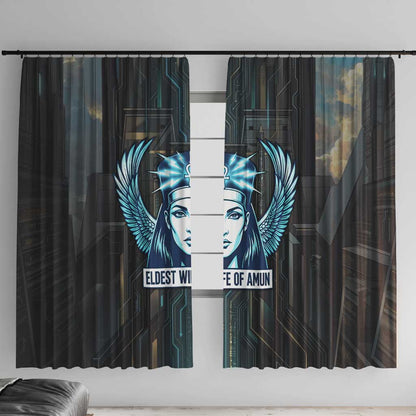Wosret Winged Crown Window Curtain Egyptian Cyber Circuit Design in Futuristic Blue Theme