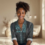 Wosret Winged Crown Women Casual Shirt Egyptian Cyber Circuit Design in Futuristic Blue Theme