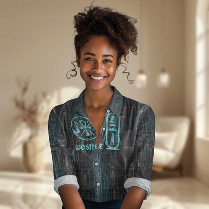 Wosret Winged Crown Women Casual Shirt Egyptian Cyber Circuit Design in Futuristic Blue Theme