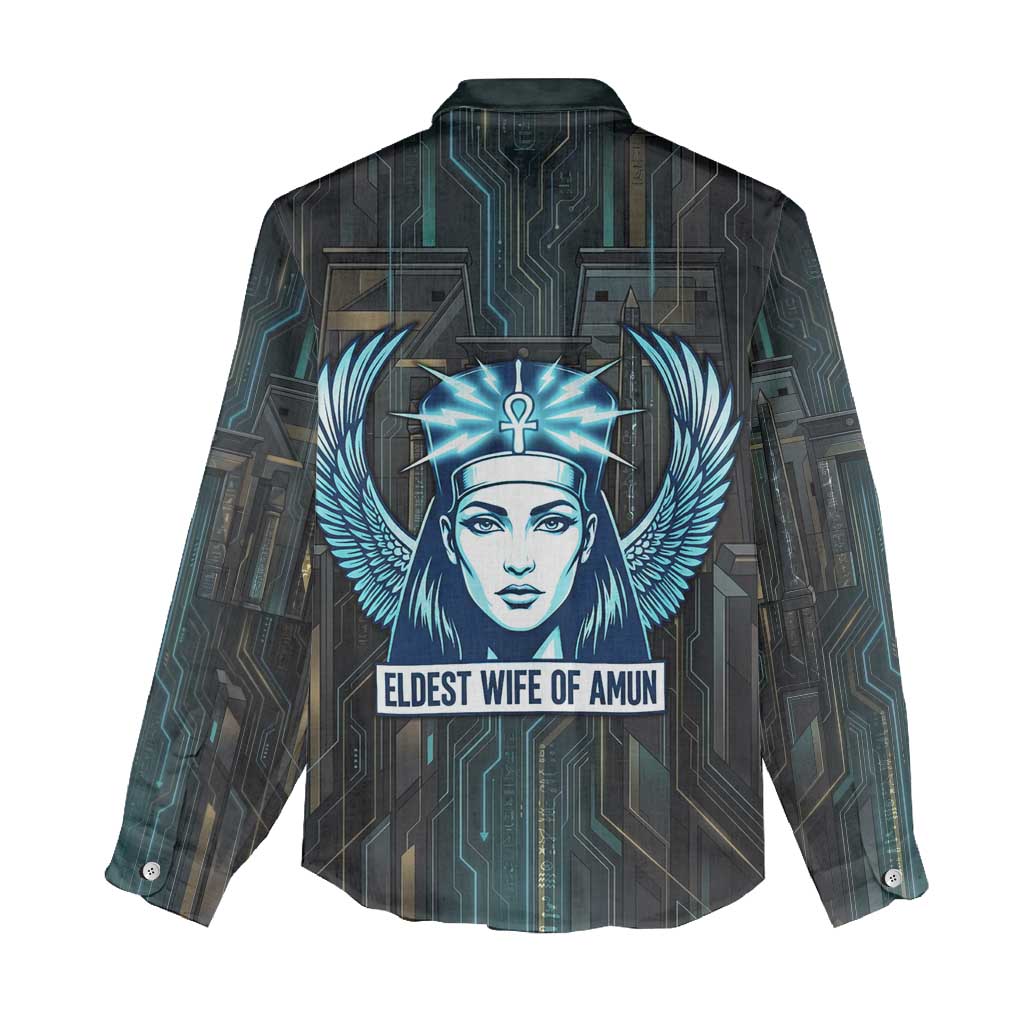 Wosret Winged Crown Women Casual Shirt Egyptian Cyber Circuit Design in Futuristic Blue Theme