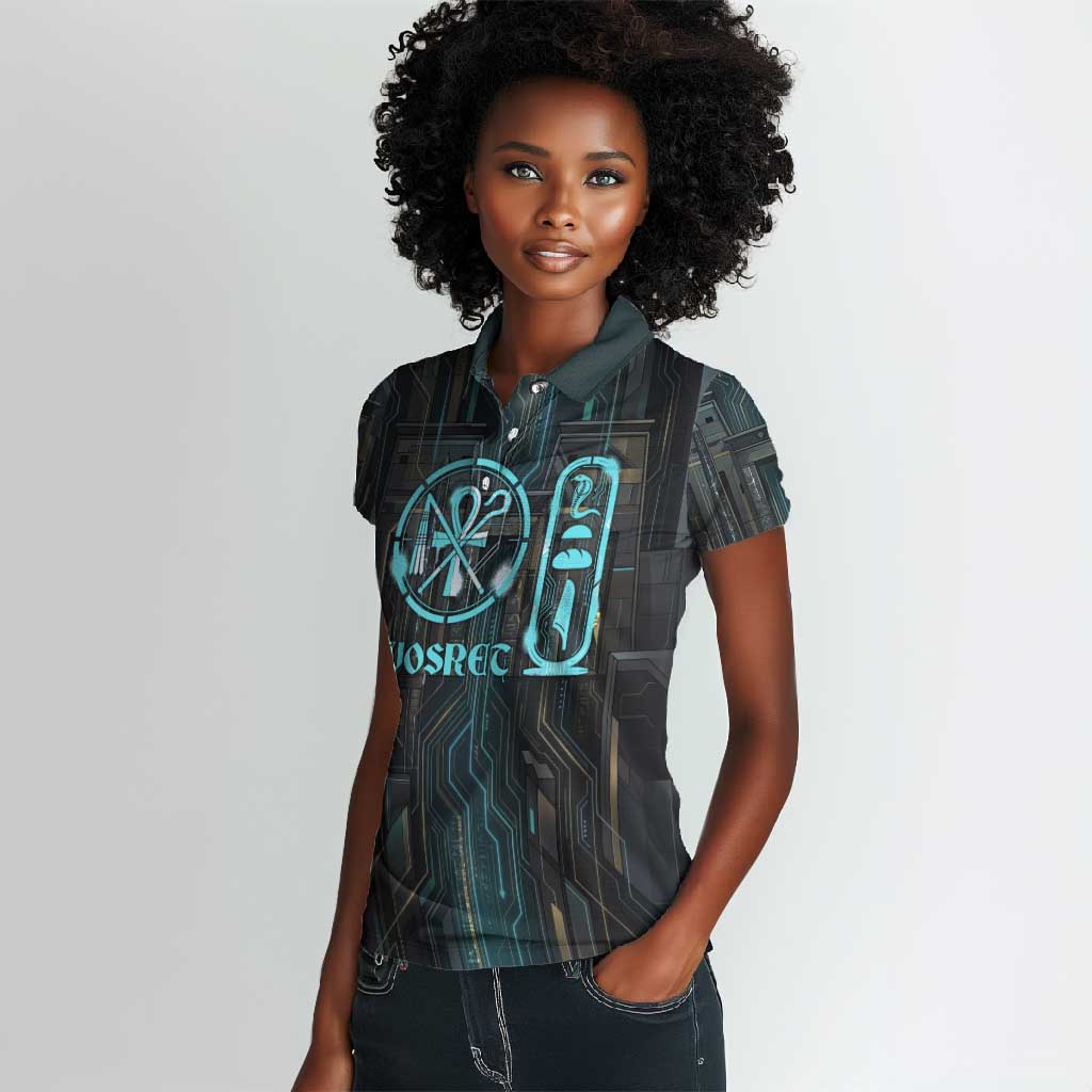Wosret Winged Crown Women Polo Shirt Egyptian Cyber Circuit Design in Futuristic Blue Theme