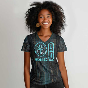 Wosret Winged Crown Women V-Neck T-Shirt Egyptian Cyber Circuit Design in Futuristic Blue Theme