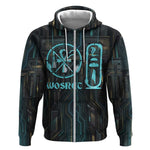 Wosret Winged Crown Zip Hoodie Egyptian Cyber Circuit Design in Futuristic Blue Theme