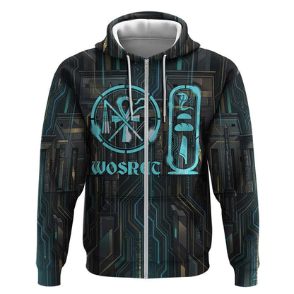 Wosret Winged Crown Zip Hoodie Egyptian Cyber Circuit Design in Futuristic Blue Theme