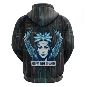 Wosret Winged Crown Zip Hoodie Egyptian Cyber Circuit Design in Futuristic Blue Theme