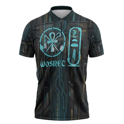 Wosret Winged Crown Zipper Polo Shirt Egyptian Cyber Circuit Design in Futuristic Blue Theme