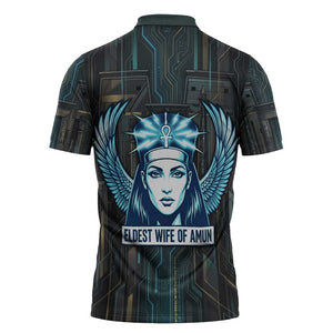 Wosret Winged Crown Zipper Polo Shirt Egyptian Cyber Circuit Design in Futuristic Blue Theme