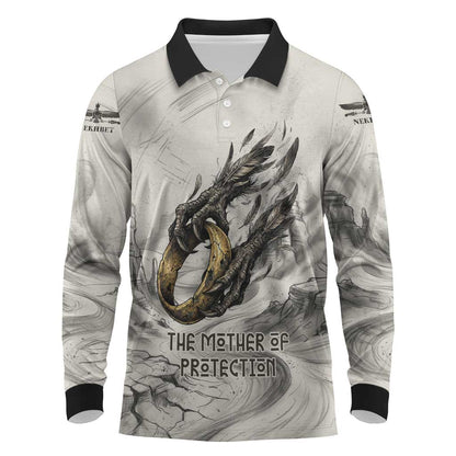 Nekhbet Egyptian Long Sleeve Polo Shirt Vulture Goddess Mother of Protection Wings Claws Desert