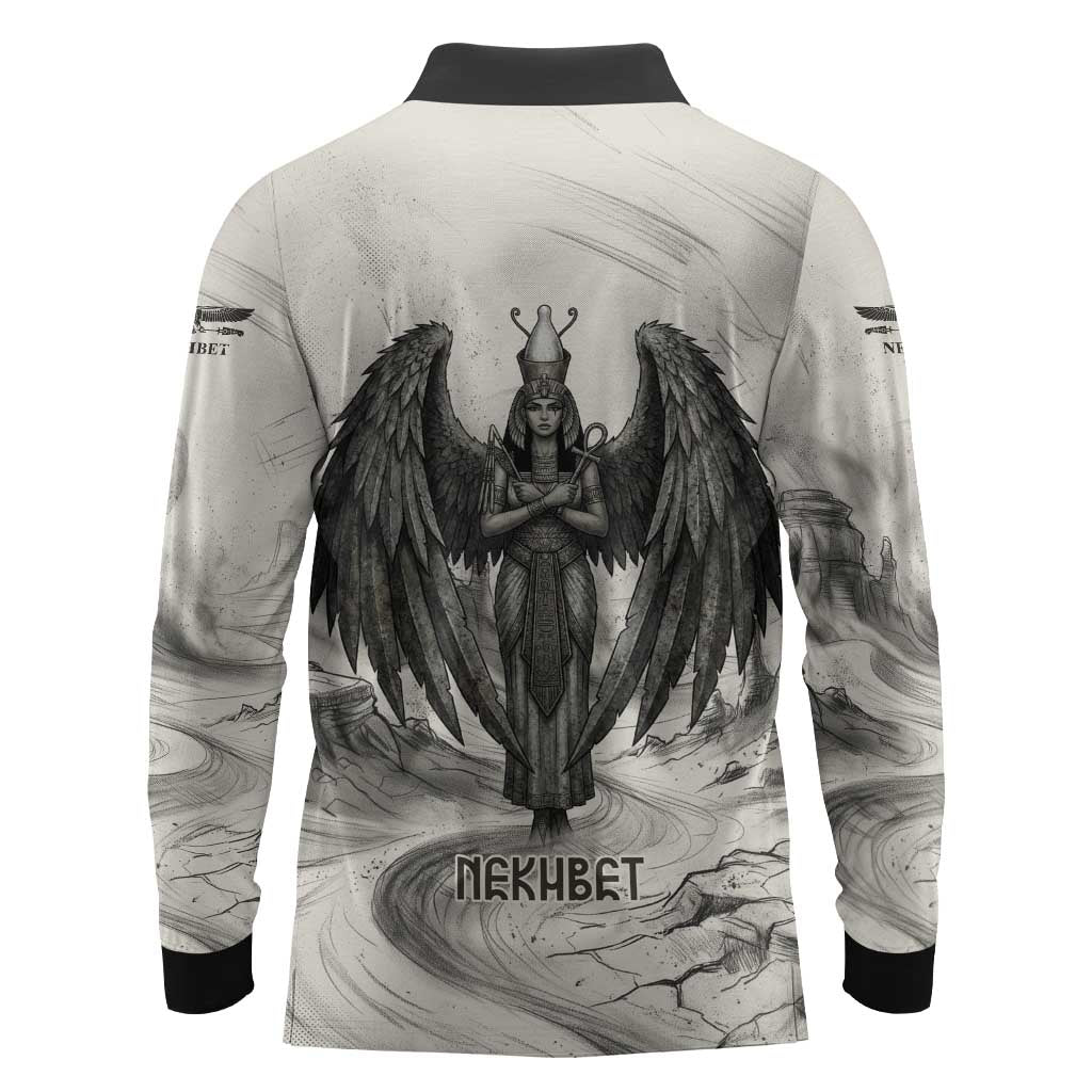 Nekhbet Egyptian Long Sleeve Polo Shirt Vulture Goddess Mother of Protection Wings Claws Desert