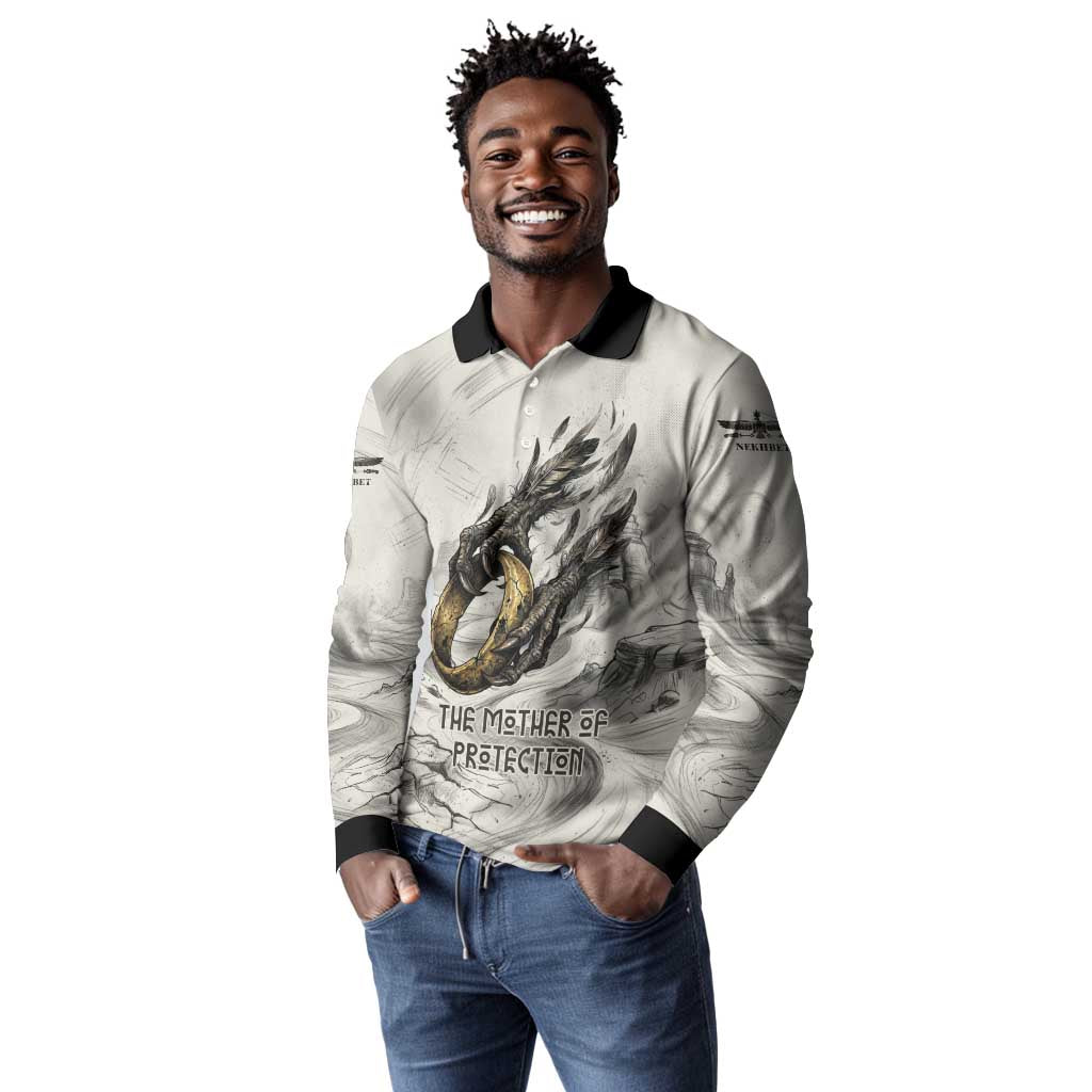 Nekhbet Egyptian Long Sleeve Polo Shirt Vulture Goddess Mother of Protection Wings Claws Desert