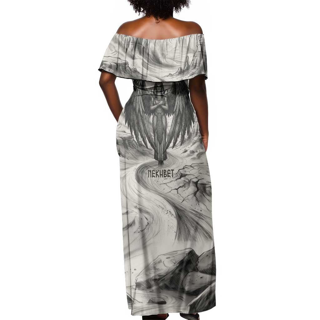 Nekhbet Egyptian Off Shoulder Maxi Dress Vulture Goddess Mother of Protection Wings Claws Desert