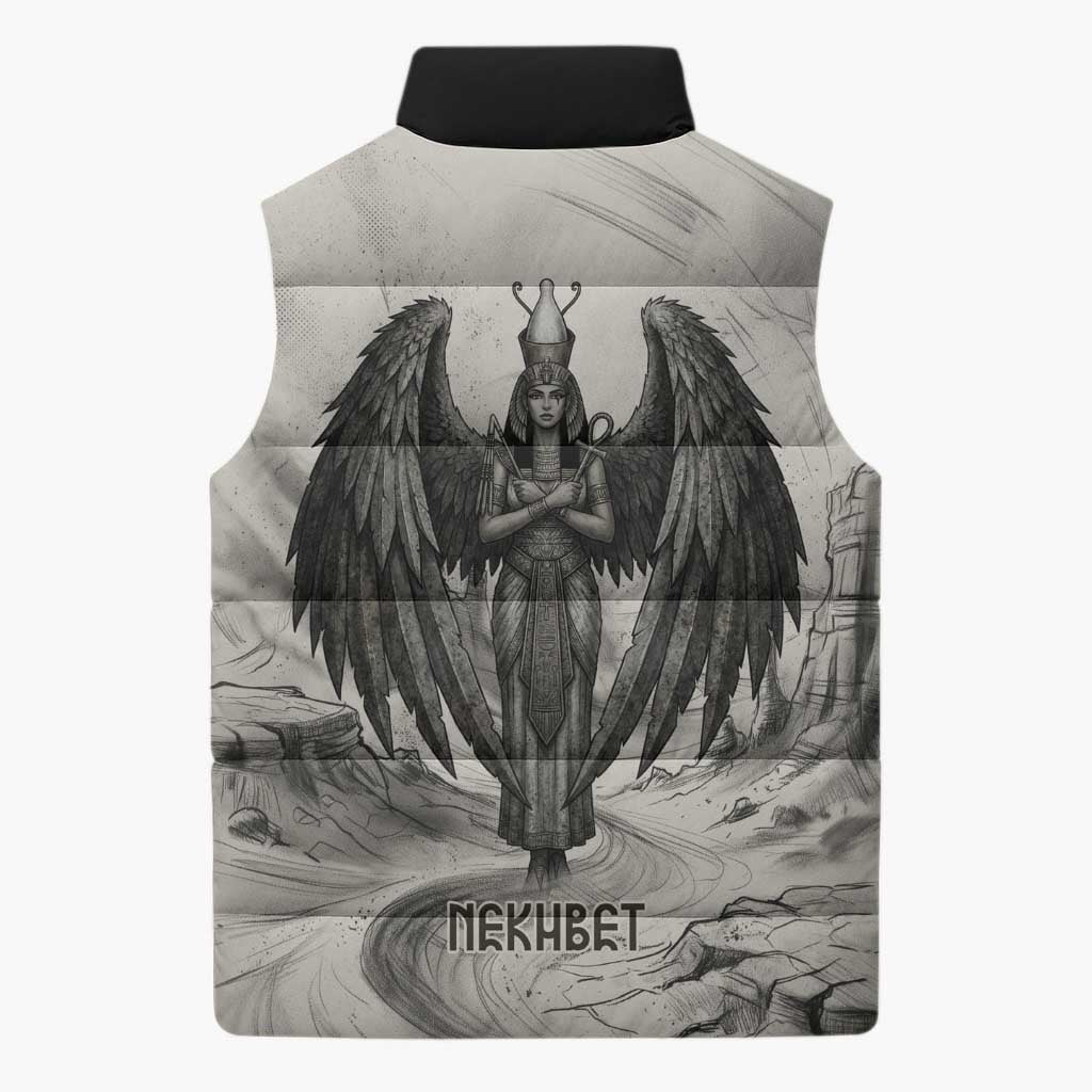 Nekhbet Egyptian Sleeveless Puffer Jacket Vulture Goddess Mother of Protection Wings Claws Desert