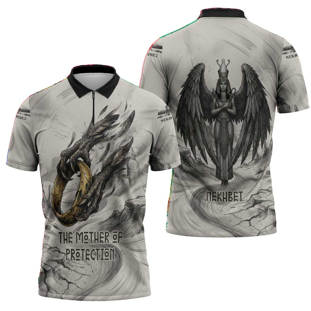 Nekhbet Egyptian Zipper Polo Shirt Vulture Goddess Mother of Protection Wings Claws Desert