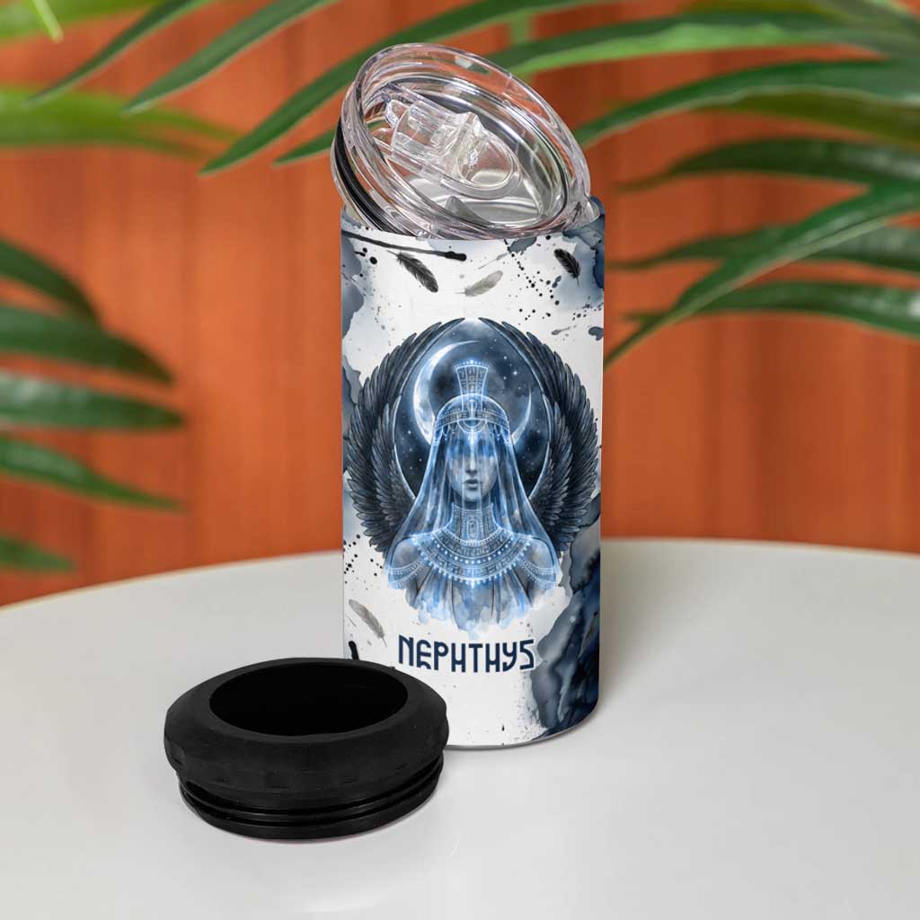 Nephthys Egyptian 4 in 1 Can Cooler Tumbler The Dark Sister Falcon Wings Moon Veil