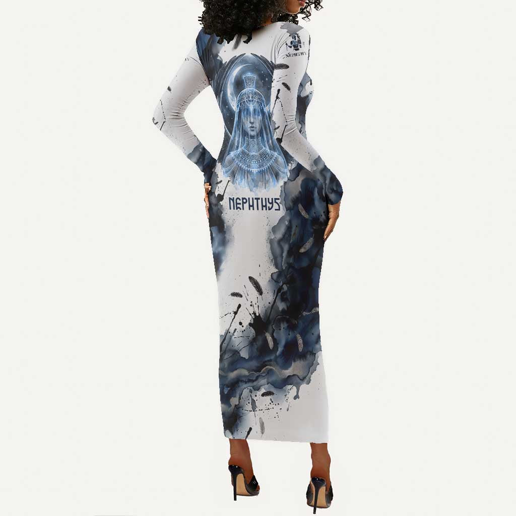 Nephthys Egyptian Long Sleeve Bodycon Dress The Dark Sister Falcon Wings Moon Veil