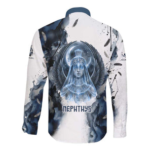 Nephthys Egyptian Long Sleeve Button Shirt The Dark Sister Falcon Wings Moon Veil