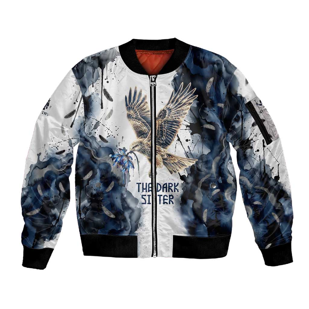 Nephthys Egyptian Sleeve Zip Bomber Jacket The Dark Sister Falcon Wings Moon Veil