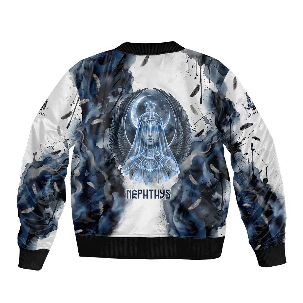 Nephthys Egyptian Sleeve Zip Bomber Jacket The Dark Sister Falcon Wings Moon Veil