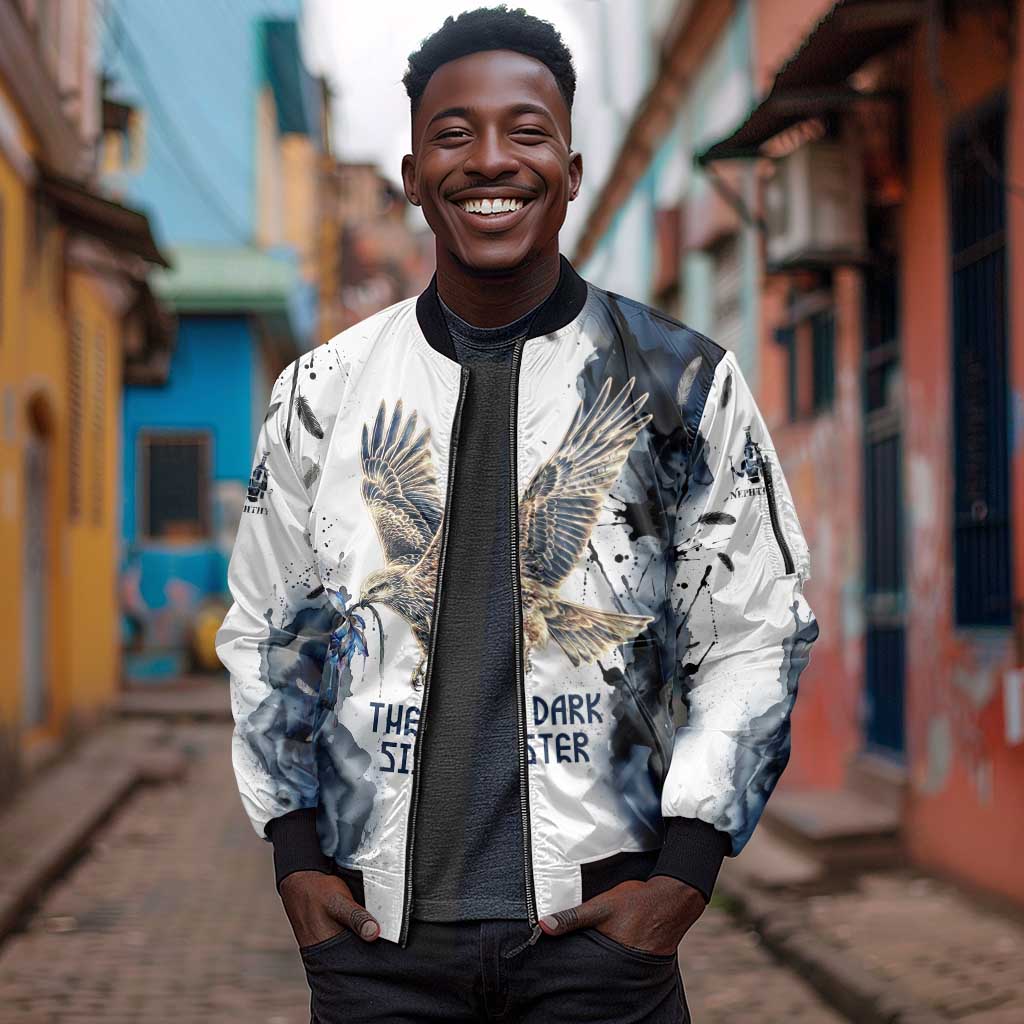 Nephthys Egyptian Sleeve Zip Bomber Jacket The Dark Sister Falcon Wings Moon Veil