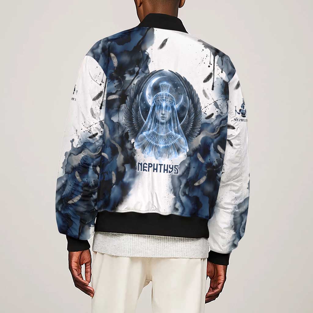 Nephthys Egyptian Sleeve Zip Bomber Jacket The Dark Sister Falcon Wings Moon Veil