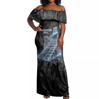 Nut Off Shoulder Maxi Dress Egyptian Keeper of Souls Celestial Stairway Ascension Path Cosmic Goddess of the Night Sky