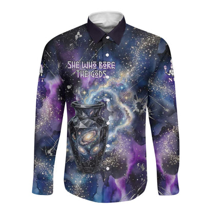 Nut Egyptian Long Sleeve Button Shirt She Who Bore the Gods Galactic Vessel Cosmic Goddess Star Map