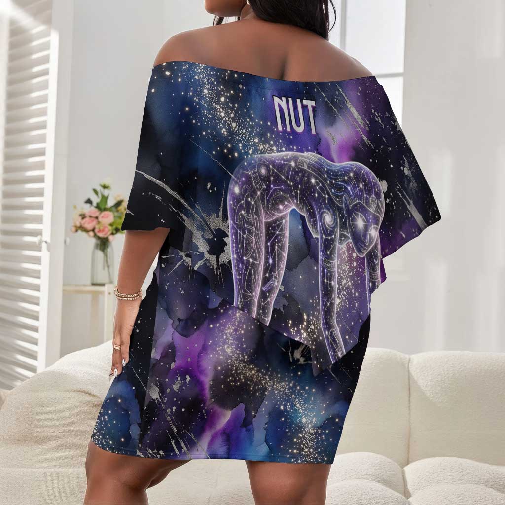 Nut Egyptian Off Shoulder Short Dress She Who Bore the Gods Galactic Vessel Cosmic Goddess Star Map
