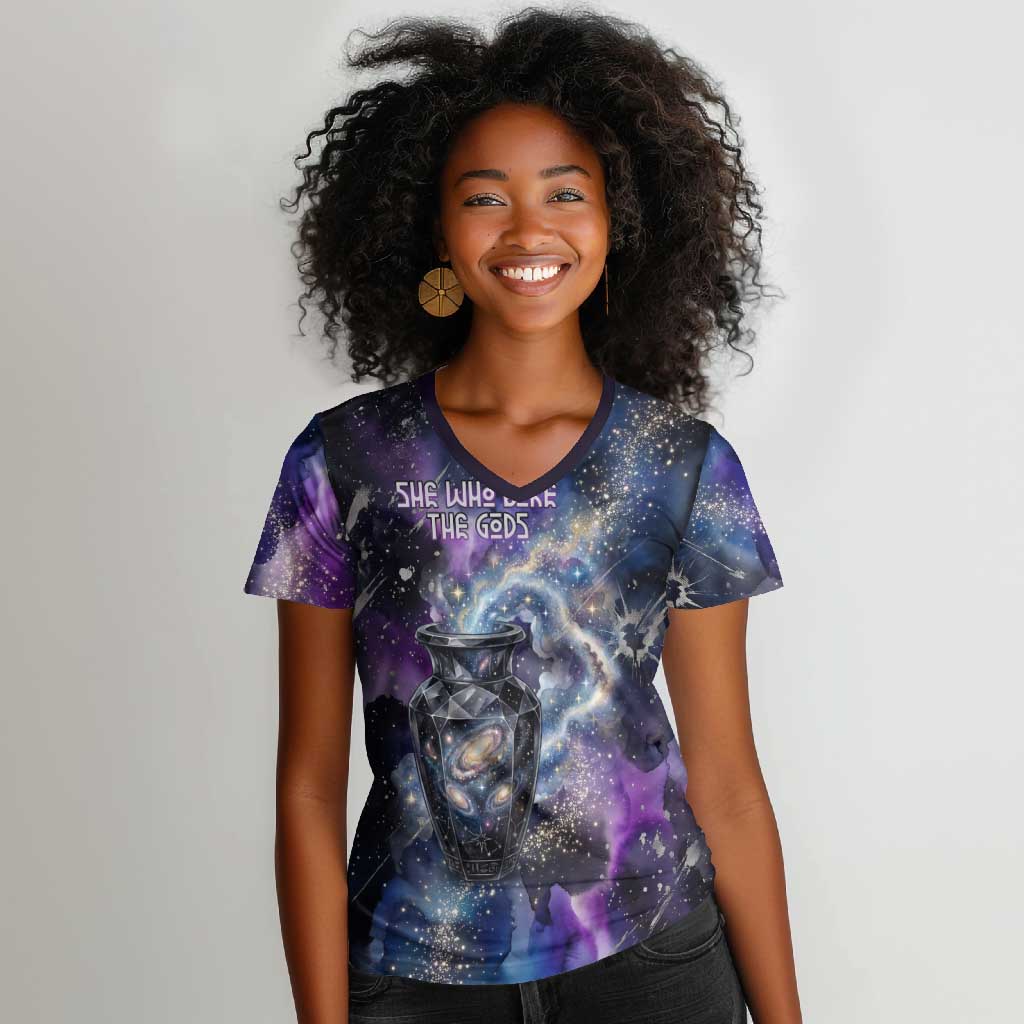 Nut Egyptian Women V-Neck T-Shirt She Who Bore the Gods Galactic Vessel Cosmic Goddess Star Map