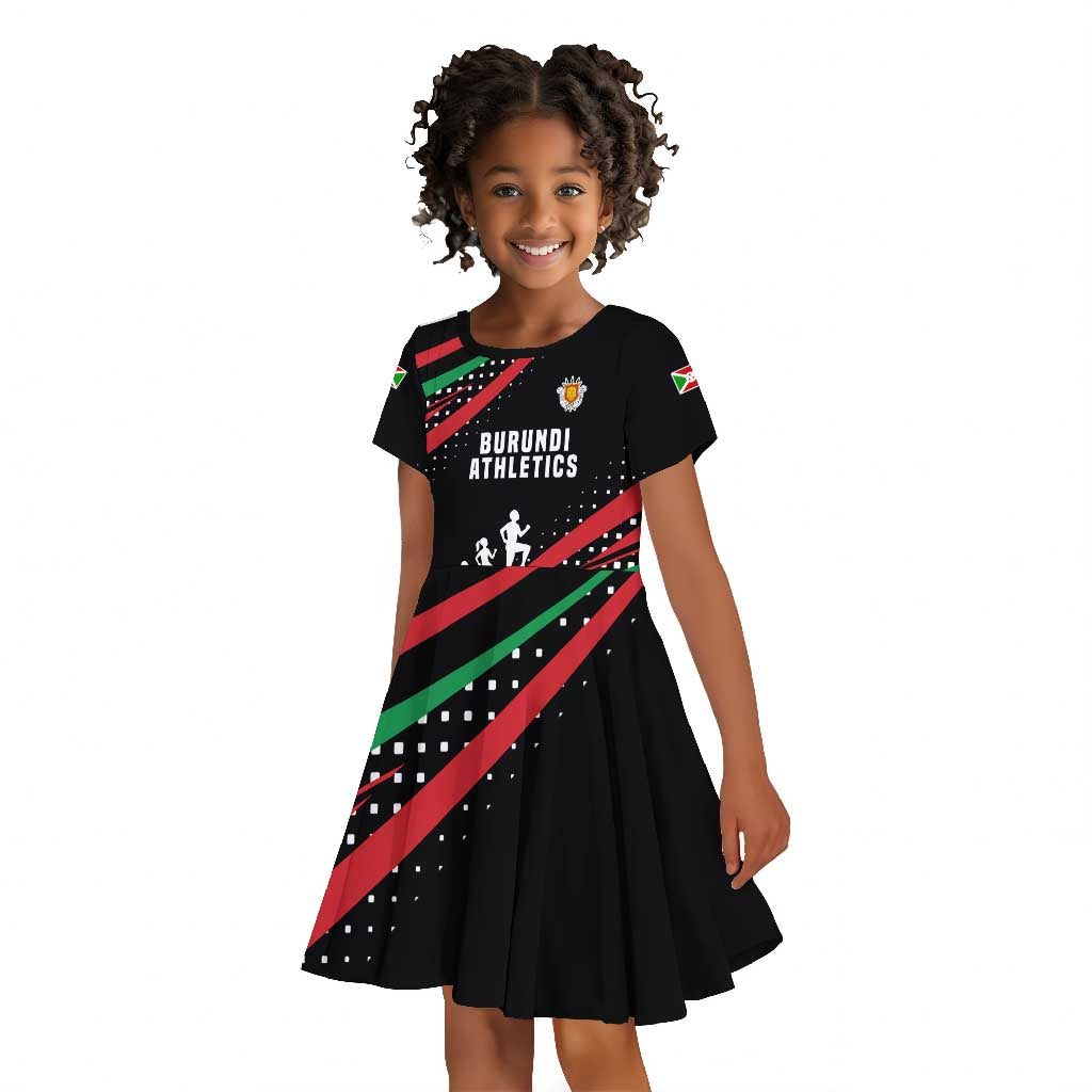 Burundi Kid Short Sleeve Dress with Athletics Runners Black Red Green Flag Spirit