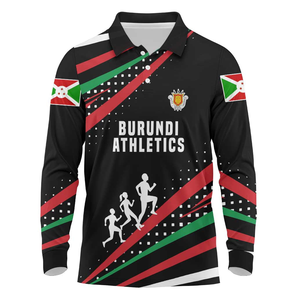 Burundi Long Sleeve Polo Shirt with Athletics Runners Black Red Green Flag Spirit