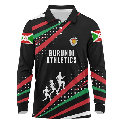Burundi Long Sleeve Polo Shirt with Athletics Runners Black Red Green Flag Spirit