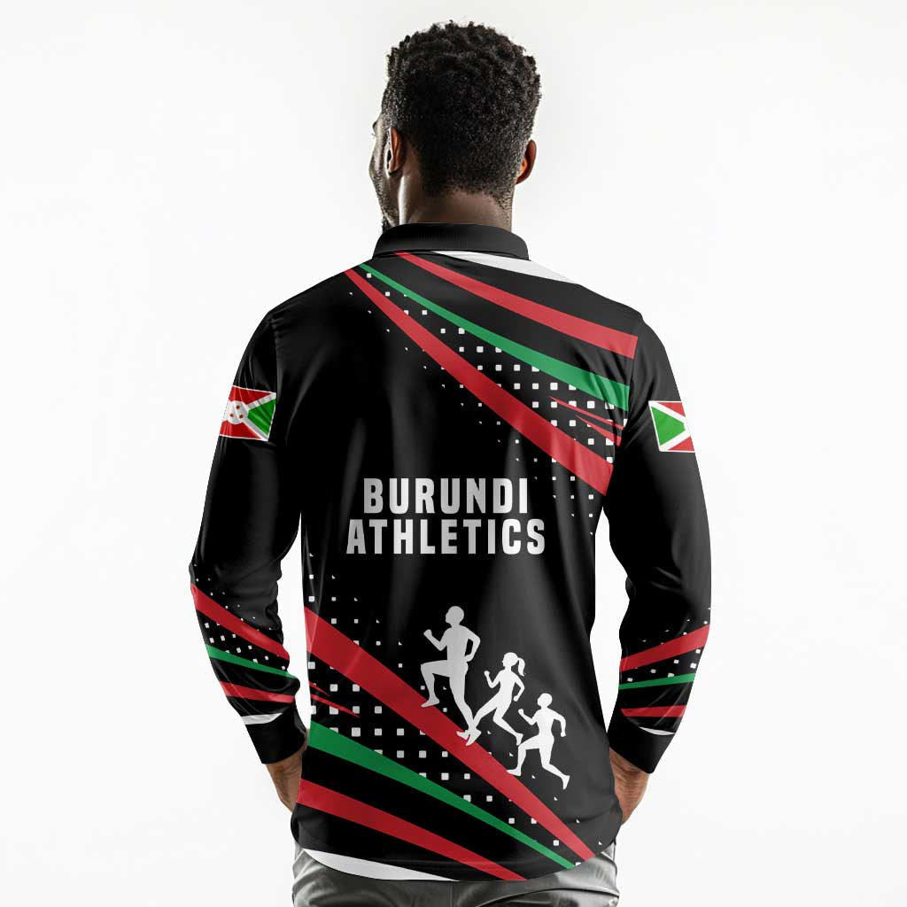 Burundi Long Sleeve Polo Shirt with Athletics Runners Black Red Green Flag Spirit