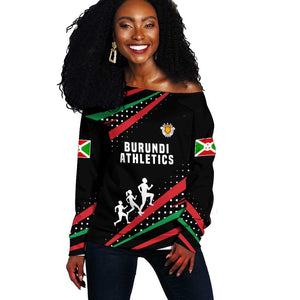 Burundi Off Shoulder Sweater with Athletics Runners Black Red Green Flag Spirit