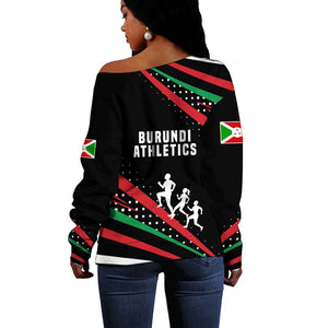 Burundi Off Shoulder Sweater with Athletics Runners Black Red Green Flag Spirit