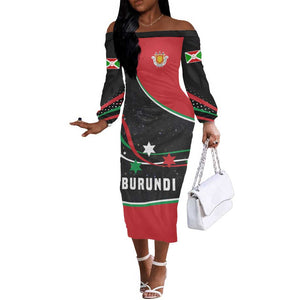 Burundi Off The Shoulder Long Sleeve Dress with Athletics Runners Black Red Green Flag Spirit