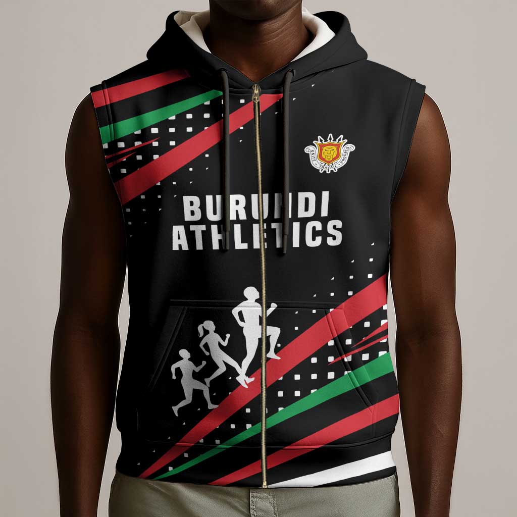 Burundi Sleeveless Zip Hoodie with Athletics Runners Black Red Green Flag Spirit - African Pride